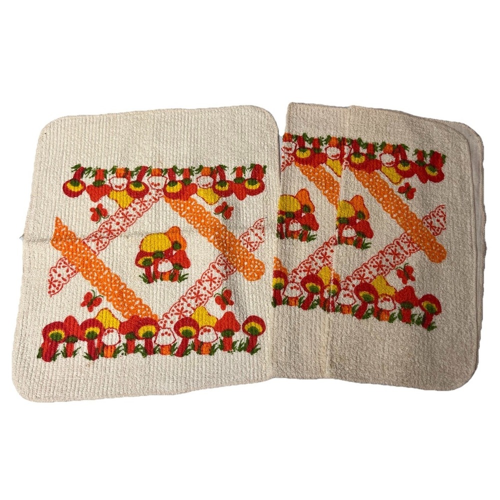 Tg Mushroom Dish Cloth Rag Kitchen Orange Read Yellow‎ Retro MCM Lot Of 3